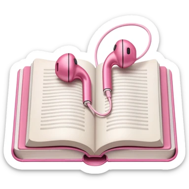  pink Pink Apple-style earbuds lying on an open book, soft pastel tones, cozy and minimal aesthetic, realistic lighting and shadows, top-down view, transparent background" sticker