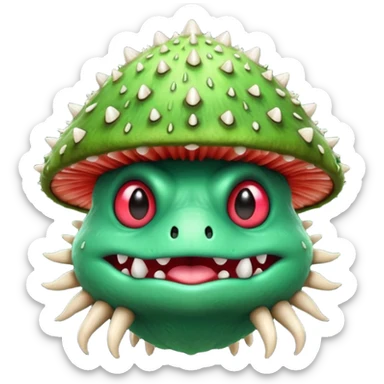 poisonous mushroom monster portrait, head and shoulders only, animal-like creature, mushroom cap head with spikes, toxic green glow, beast-like eyes, furry neck details, monstrous but cute fantasy vibe, 3D cartoon, mobile game icon style, clean background, no text, no watermark

 sticker