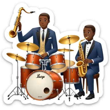 Icon for Jazz Music: The Jazz Messengers, featuring a dynamic composition with Art Blakey on drums and musicians playing saxophone, trumpet, and piano. Musical notes and a warm jazz club atmosphere emphasize the vibrant hard bop style. Transparent background. sticker