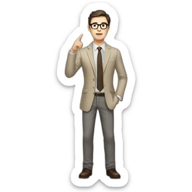 Full height Gesticulating Pale skinned fit man with dark brown hair in gray jacket, beige office shirt, brown tie, brown pants and vintage glasses. sticker