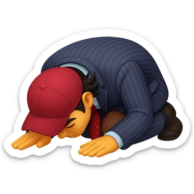 Transform the man in the image into an emoji-style character kneeling down and bowing deeply to the ground with arms and forehead touching the floor, expressing apology or deep respect. The style should be about 80% realistic but still clear, bold, and expressive like standard emojis, capturing the emotion vividly. sticker