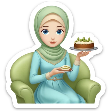 Turkish beautiful finish Konya girl blue eyes with pastel hijab long tail dress and sits on the chair and holds pistachios cake with her hand  sticker