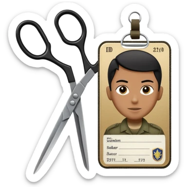 Floating black Scissors cutting an idf soldier ID card in 2 parts .hyper realistic sticker