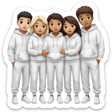four mixed race friends all wearing white oversized hoodies, white sweatpants, and white slides huddled together hugging sticker