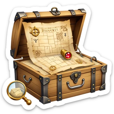 An icon depicting a treasure map with an open chest, surrounded by clues and mysterious symbols. A magnifying glass hovers over the map, symbolizing the thrill of discovery and adventure. Set on a transparent background, it should evoke the excitement of solving puzzles and exploring new worlds. sticker