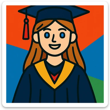 light brown haired girl with long hair, blue eyes, and pale skin wearing graduation regalia, vibrant cartoon style sticker