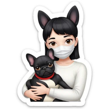 girl with short black straight bangs hair wearing a white mask and hugging a black French bulldog sticker