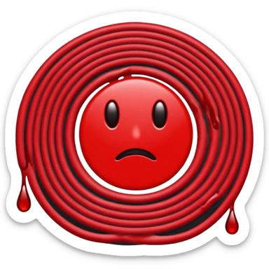 Minimalist emoji-style sticker of a coiled red carpet with drops of blood on the floor around it. Flat design, black and desaturated red tones, no perspective, bold lines. sticker