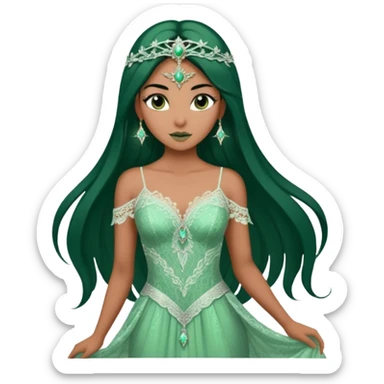 enchantress goddess wearing a embellished shimmering light powder white lace and cassiopeia green gown with tanned skin and super long straight dark brown hair sticker