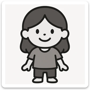 a girl with brown hair, smiling, minimalistic style, flat gray illustration sticker