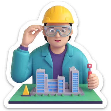 man making a model of a building wearing transparent protective safety glasses sticker