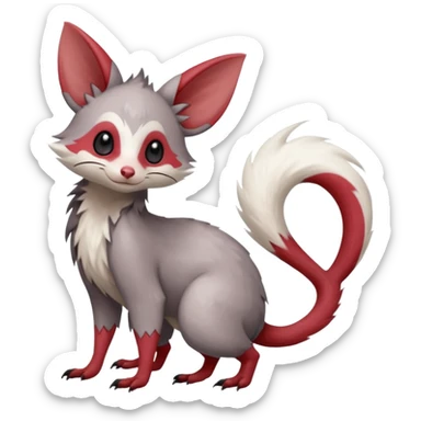 Minccino-Opossum-Lykoi-Zangoose-fusion-hybrid-animal-Fakémon-creature, full body, thin long sleek scaly tail, intricate markings sticker