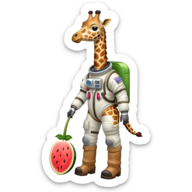 giraffe with watermelon-shaped body, brown boots, astronaut helmet sticker