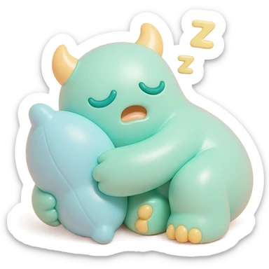 monster curled up with a pillow, snoring, gentle pastel palette, no background, vinyl figure style sticker