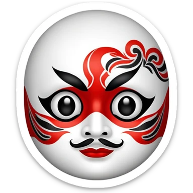 Create a round-faced emoji featuring a Peking Opera red mask with bold black and white patterns. The emoji should have a friendly and expressive look, maintaining traditional opera facial markings while appearing modern and digital-friendly sticker