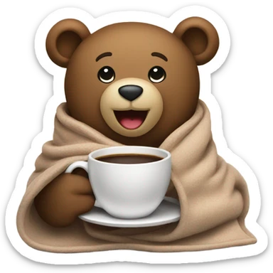 a teddy happy bear wrapped in a blanket drinks coffee sticker