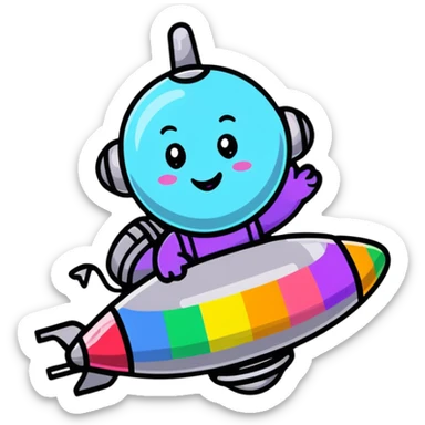 A cheerful rainbow crayon character waving while riding a silver UFO with glowing lights sticker