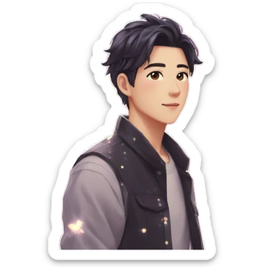 Gorgeous bright sparkly romantic Asian anime guy with blushing face aesthetic trending style outside sticker