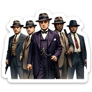 A vintage movie poster-style design featuring Don Vito Corleone surrounded by gangsters with Tommy guns. Include a dark, moody noir atmosphere with skyscrapers of New York in the background. The scene should be tense and mysterious, with a retro cinematic feel. Transparent background. sticker