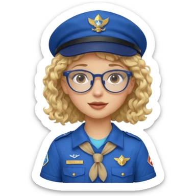 scout girl with blue scout uniform including hat, blonde curly haired and glassess sticker