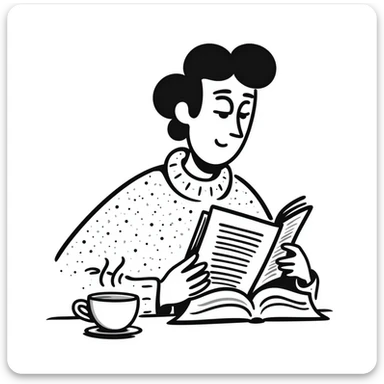 Chaucer reading and drinking tea, playful and sketchy, hand-drawn doodle style sticker