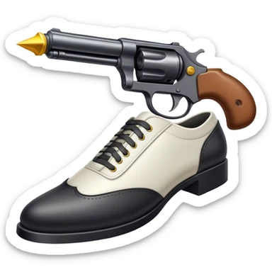 a gun pointed at a shoe sticker
