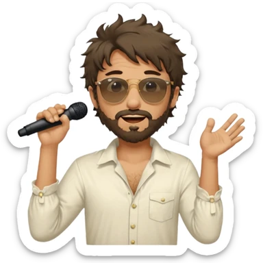 photo ultra realistic - messy, shaggy with big sideburns Jim Morrison in an ivory Victorian shirt, singing in a trance on stage, wearing Ray Ban sunglasses sticker