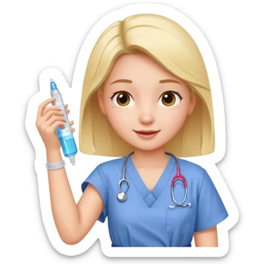 girl receiving a vaccine shot in her upper arm, medical setting, cheerful expression sticker