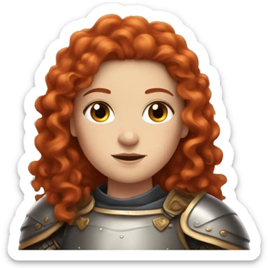 a white girl with long red curly hair and freckles, wearing armor sticker