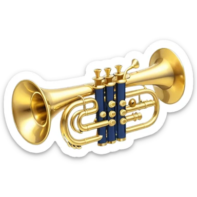 “Flat vector icon of a golden trumpet in side view with mouthpiece, bell, and three simple valves, thick dark outline, minimal details, centered on a deep navy blue rounded-square (or circle) background. Transparent outside the background, PNG.” sticker