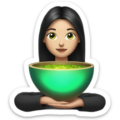 sound bowl healer woman with long dark hair and green eyes sticker