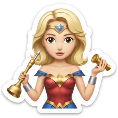 Blonde Wonder Woman holding short white orchestra conductor’s baton and bell sticker