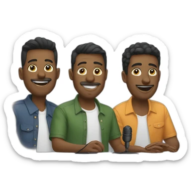 Three guys recording a podcast sticker