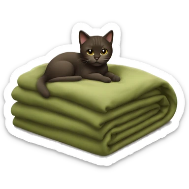 Dark brown cat with a khaki green blanket full size sticker