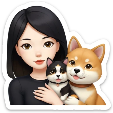 girl with black shoulder-length hair wearing a black tight-fitting top with a calico cat with white mouth and a shiba inu dog sticker