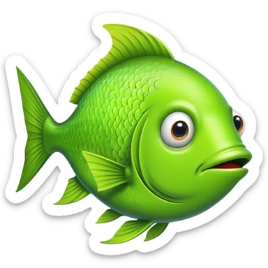 bright lime green fish shown in absolute side profile, one eye only, facing directly to the right, flat 2D view like a playing card, goofy derpy expression sticker