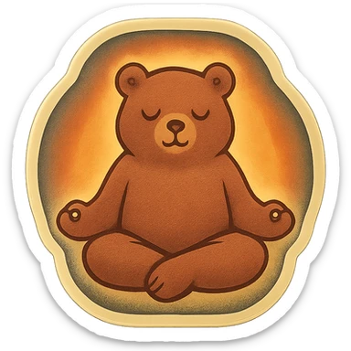 animated meditating bear with a slowly pulsing aura, retro vintage style, cozy acoustic aesthetic, warm muted colors, subtle grain, soft lines, nostalgic analog mood, smooth loop, 112x112px sticker