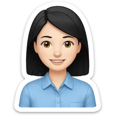 검정 긴머리에 청순한 직장인의 모습 웃고 있으면 좋겠어 하늘색 셔츠를 입으면 좋을 거 같ㅇ다  눈동자도 검정색 이빨은 보이지 않게 미소만 띄우면 좋겠어  sticker