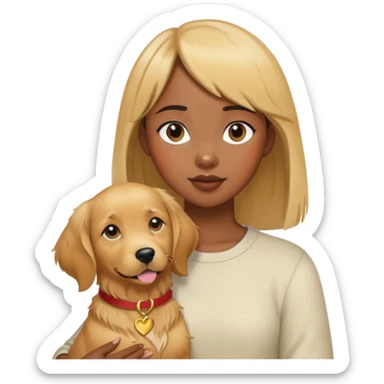 A black girl with short bangs holding a golden retriever sticker