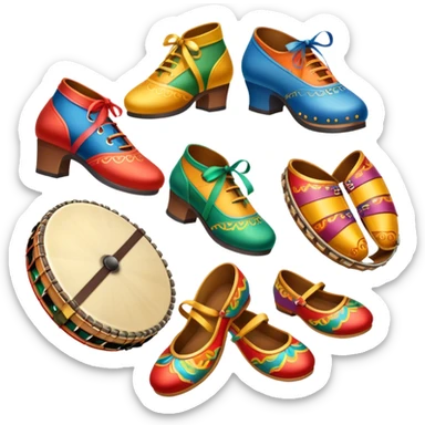 Icon for Folk Dance: close-up traditional dance shoes, colorful folk costumes, and a dance circle with ribbons and musical instruments like a tambourine or accordion. The icon should represent the vibrant and cultural aspects of folk dancing. Transparent background. sticker