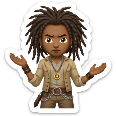a angry black man with dreads and a circle pendant chain to the side slanging back and forth a belt sticker