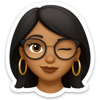 Add gold hoop earrings and stylish glasses to the winking light brown skin girl with small lips, black layered hair, and doe eyes in emoji style. sticker