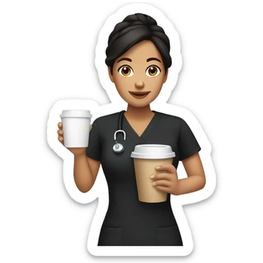 Hispanic woman in black scrubs holding coffee sticker
