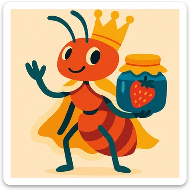 ant king with crown, holding strawberry jam, fun and whimsical sticker