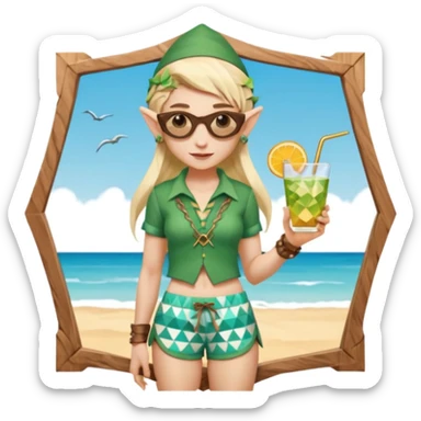 elf female legolas portrait, patterned board shorts (geometric/abstract), unique wooden-framed sunglasses, undercut hairstyle, slight smirk, visible pointy ears, no background, centered emoji, hipster summer vibe coctails with hat sticker