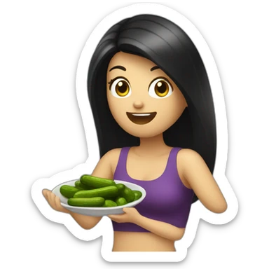 white woman with black long straight hair dancing salsa while eating pickles sticker