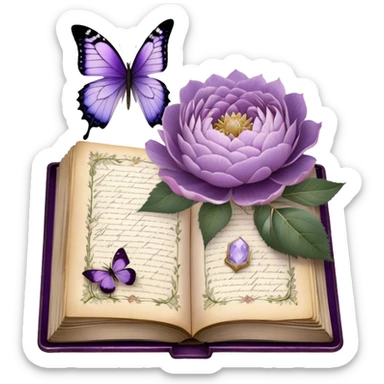 An antique botanical journal with golden-edged pages, filled with meticulously pressed lilac roses, ice violet peonies, and amethyst dahlias, lies open beneath the soft glow of candlelight, its delicate illustrations and handwritten notes whispering stories of forgotten gardens as a pearl butterfly gently perches on its weathered cover. sticker