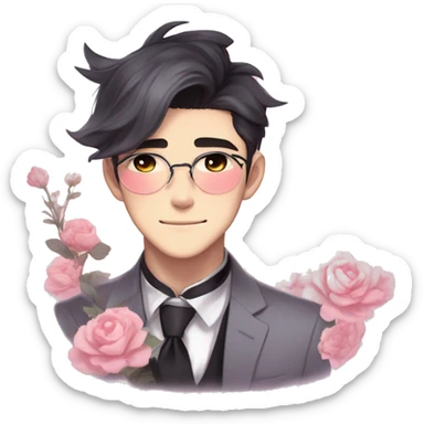 Gorgeous romantic anime style Asian formal modern gentlemanly guy with cat ears and flowers and blushing face aesthetic trending style outside with colorful gradient colors sticker