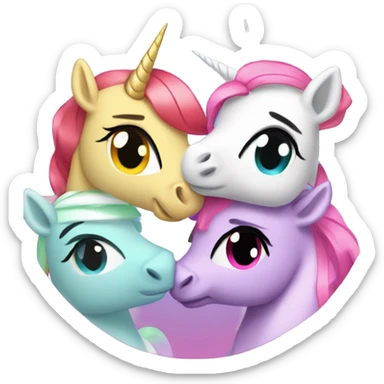 Four unicorns with power puff girls powers hugging sticker