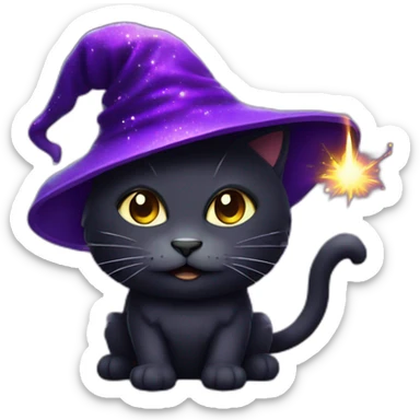 a dark cat with a purple wizard hat with sparks sticker